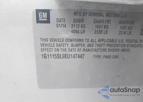 2014 Chevrolet Impala 1Lt из США, поврежденный, VIN 1G1115SL9EU147447